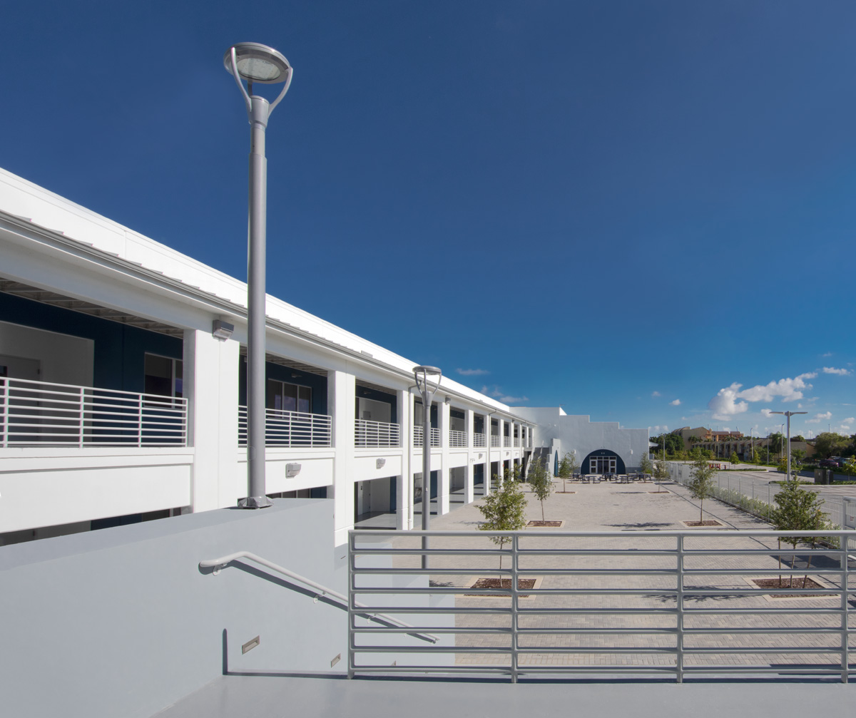 Architectural view of the courtyard at Pinecrest prep charter k-12 school in Miami.